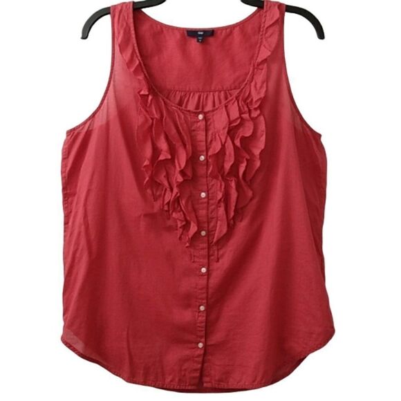 6/$25 Gap Women’s Red Pinstripe Ruffled ButtonDown Sleeveless 100% Cotton Blouse - Picture 2 of 11